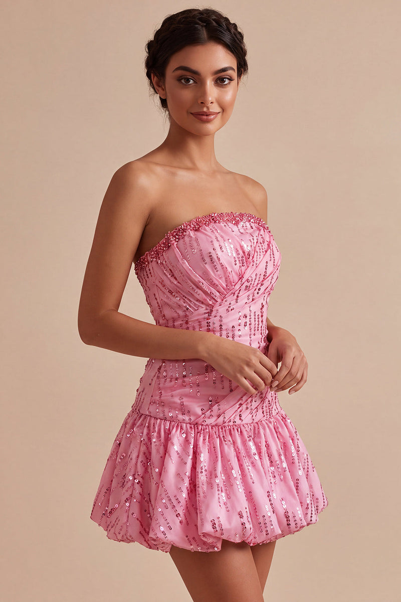Load image into Gallery viewer, Sparkly Pink Strapless A Line Sequins Mini Bubble Cocktail Dress