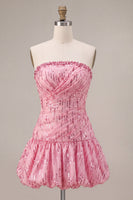 Load image into Gallery viewer, Sparkly Pink Strapless A Line Sequins Mini Bubble Cocktail Dress
