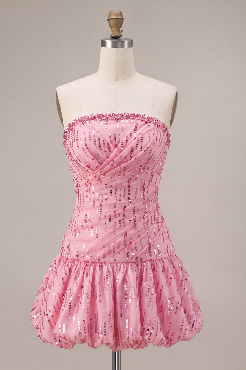 Load image into Gallery viewer, Sparkly Pink Strapless A Line Sequins Mini Bubble Cocktail Dress
