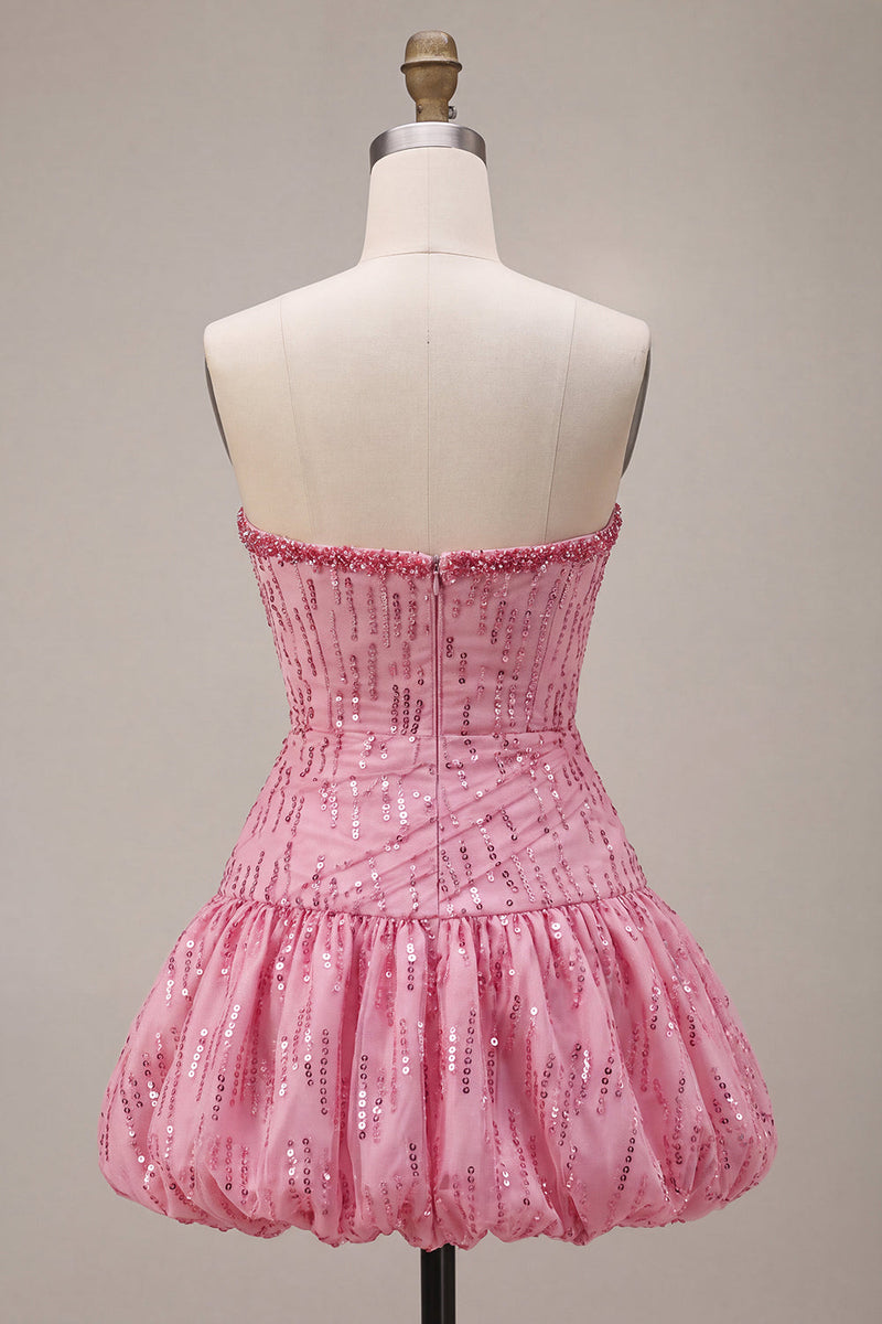 Load image into Gallery viewer, Sparkly Pink Strapless A Line Sequins Mini Bubble Cocktail Dress