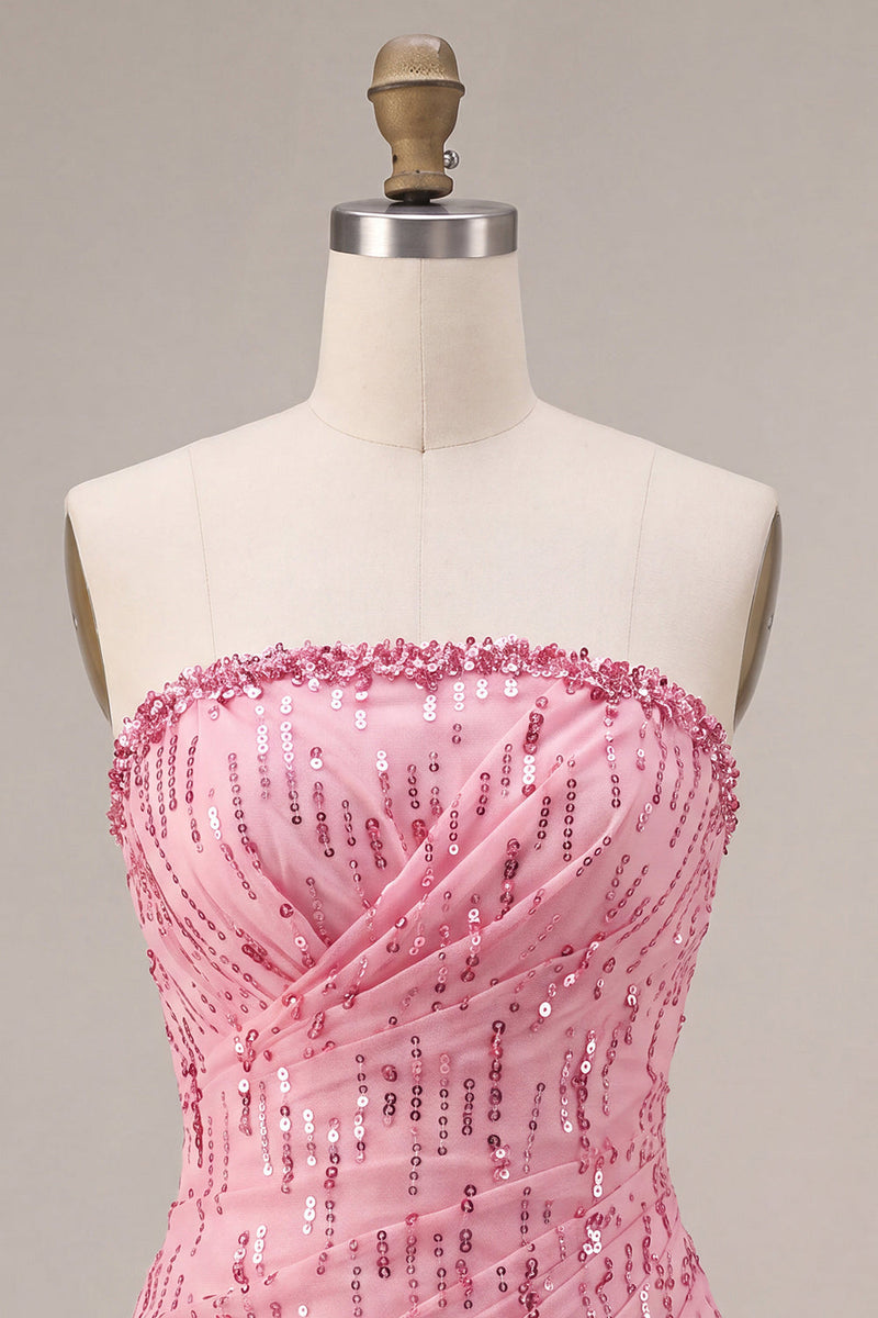 Load image into Gallery viewer, Sparkly Pink Strapless A Line Sequins Mini Bubble Cocktail Dress