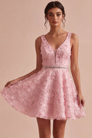 Load image into Gallery viewer, Floral Pink Sparkly A Line Beaded Short Cocktail Dress with Belt