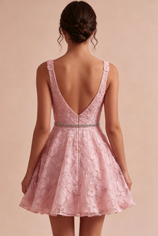 Floral Pink Sparkly A Line Beaded Short Cocktail Dress with Belt