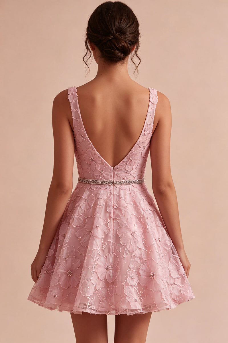 Load image into Gallery viewer, Floral Pink Sparkly A Line Beaded Short Cocktail Dress with Belt