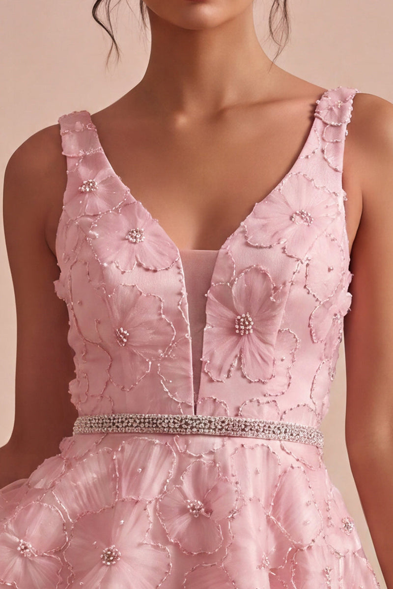 Load image into Gallery viewer, Floral Pink Sparkly A Line Beaded Short Cocktail Dress with Belt