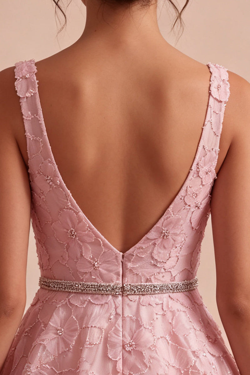 Load image into Gallery viewer, Floral Pink Sparkly A Line Beaded Short Cocktail Dress with Belt