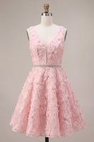 Load image into Gallery viewer, Floral Pink Sparkly A Line Beaded Short Cocktail Dress with Belt