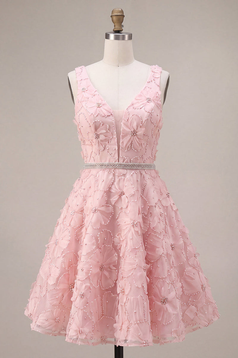 Load image into Gallery viewer, Floral Pink Sparkly A Line Beaded Short Cocktail Dress with Belt