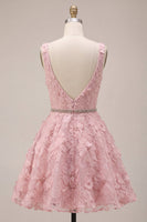 Load image into Gallery viewer, Floral Pink Sparkly A Line Beaded Short Cocktail Dress with Belt