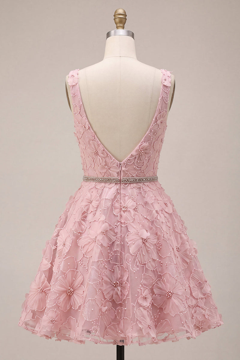Load image into Gallery viewer, Floral Pink Sparkly A Line Beaded Short Cocktail Dress with Belt