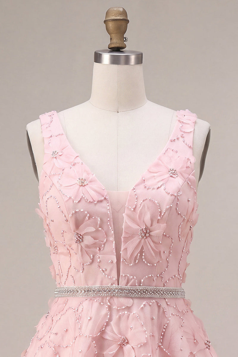 Load image into Gallery viewer, Floral Pink Sparkly A Line Beaded Short Cocktail Dress with Belt