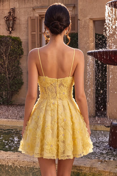 Floral A Line Yellow Sparkly Beaded Corset Short Cocktail Dress