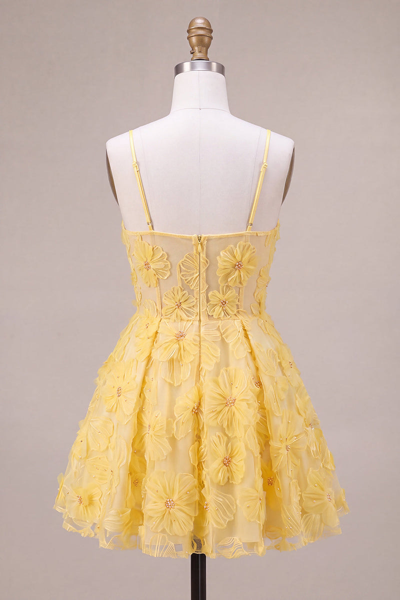 Load image into Gallery viewer, Floral A Line Yellow Sparkly Beaded Corset Short Cocktail Dress