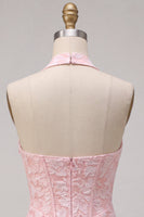 Load image into Gallery viewer, Halter Pink Floral Corset Tight Jacquard Short Cocktail Dress