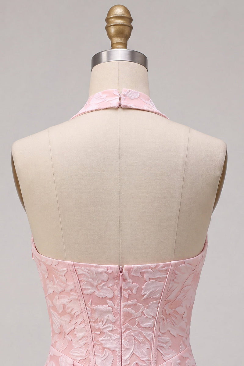 Load image into Gallery viewer, Halter Pink Floral Corset Tight Jacquard Short Cocktail Dress