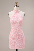Load image into Gallery viewer, Halter Pink Floral Corset Tight Jacquard Short Cocktail Dress