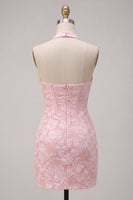 Load image into Gallery viewer, Halter Pink Floral Corset Tight Jacquard Short Cocktail Dress