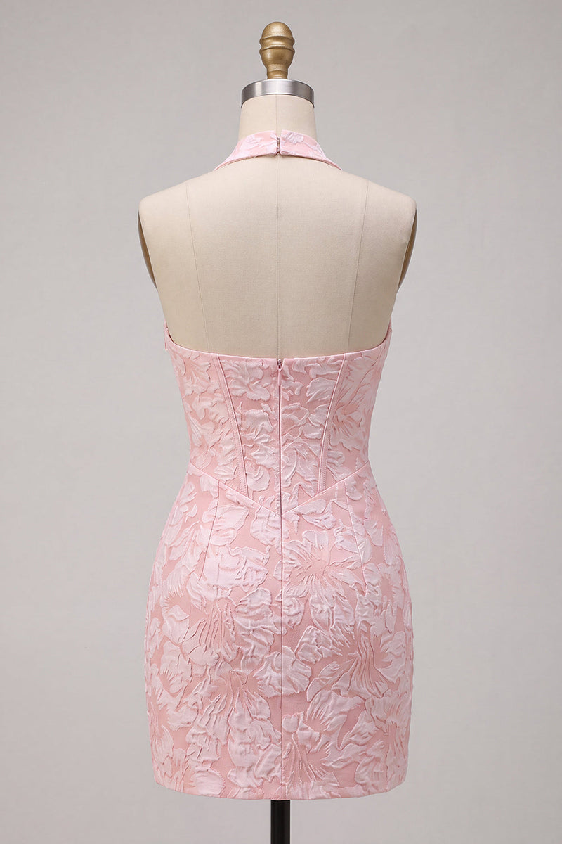Load image into Gallery viewer, Halter Pink Floral Corset Tight Jacquard Short Cocktail Dress