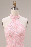 Load image into Gallery viewer, Halter Pink Floral Corset Tight Jacquard Short Cocktail Dress