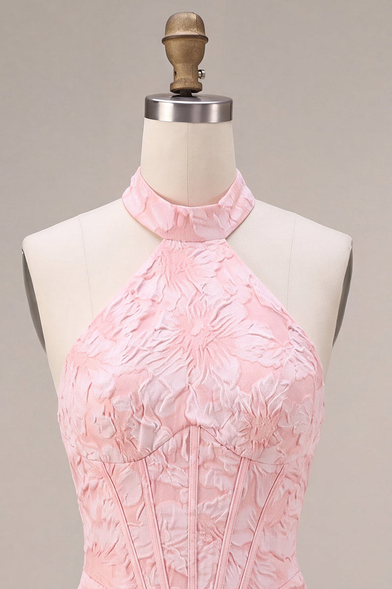 Load image into Gallery viewer, Halter Pink Floral Corset Tight Jacquard Short Cocktail Dress