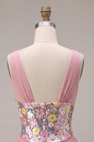 Load image into Gallery viewer, A Line Floral Pink Sparkly V Neck Sequins Ruffled Short Cocktail Dress