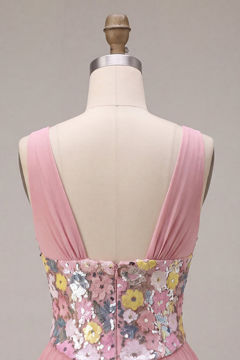 Load image into Gallery viewer, A Line Floral Pink Sparkly V Neck Sequins Ruffled Short Cocktail Dress
