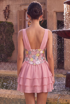 A Line Floral Pink Sparkly V Neck Sequins Ruffled Short Cocktail Dress