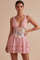 Load image into Gallery viewer, A Line Floral Pink Sparkly V Neck Sequins Ruffled Short Cocktail Dress