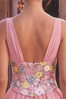 Load image into Gallery viewer, A Line Floral Pink Sparkly V Neck Sequins Ruffled Short Cocktail Dress