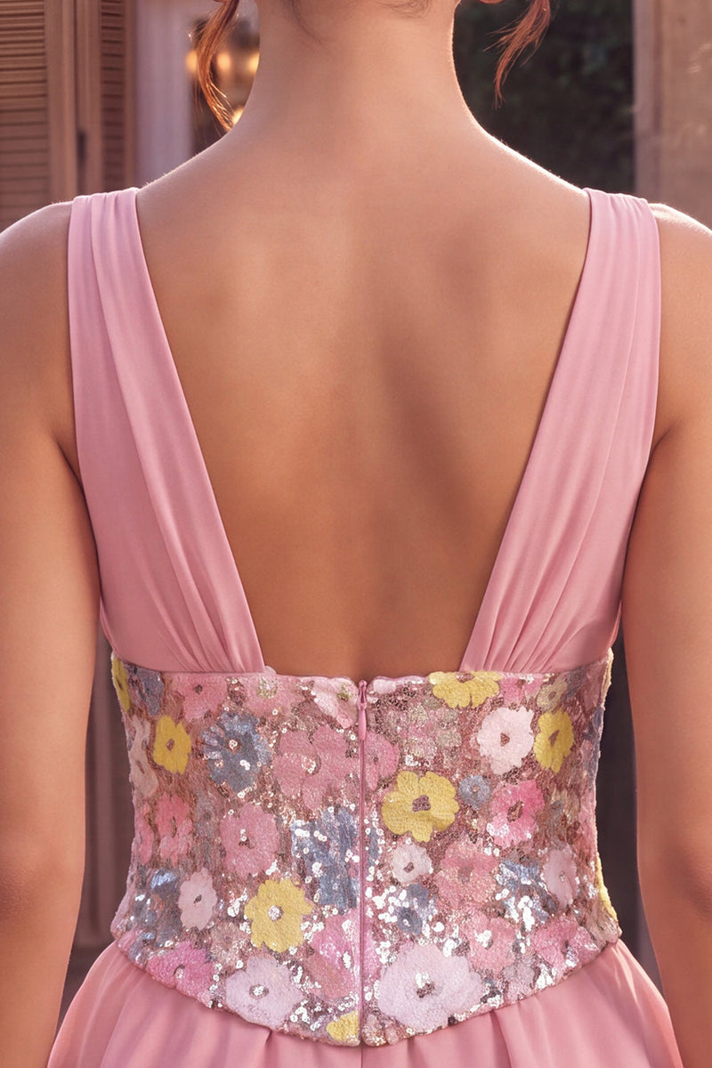 Load image into Gallery viewer, A Line Floral Pink Sparkly V Neck Sequins Ruffled Short Cocktail Dress