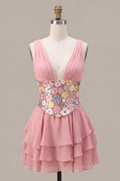 Load image into Gallery viewer, A Line Floral Pink Sparkly V Neck Sequins Ruffled Short Cocktail Dress