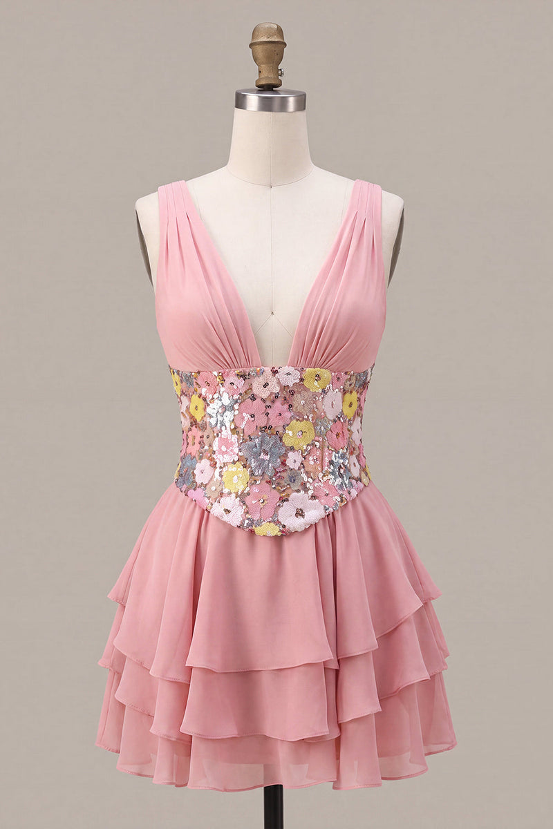 Load image into Gallery viewer, A Line Floral Pink Sparkly V Neck Sequins Ruffled Short Cocktail Dress