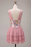 Load image into Gallery viewer, A Line Floral Pink Sparkly V Neck Sequins Ruffled Short Cocktail Dress