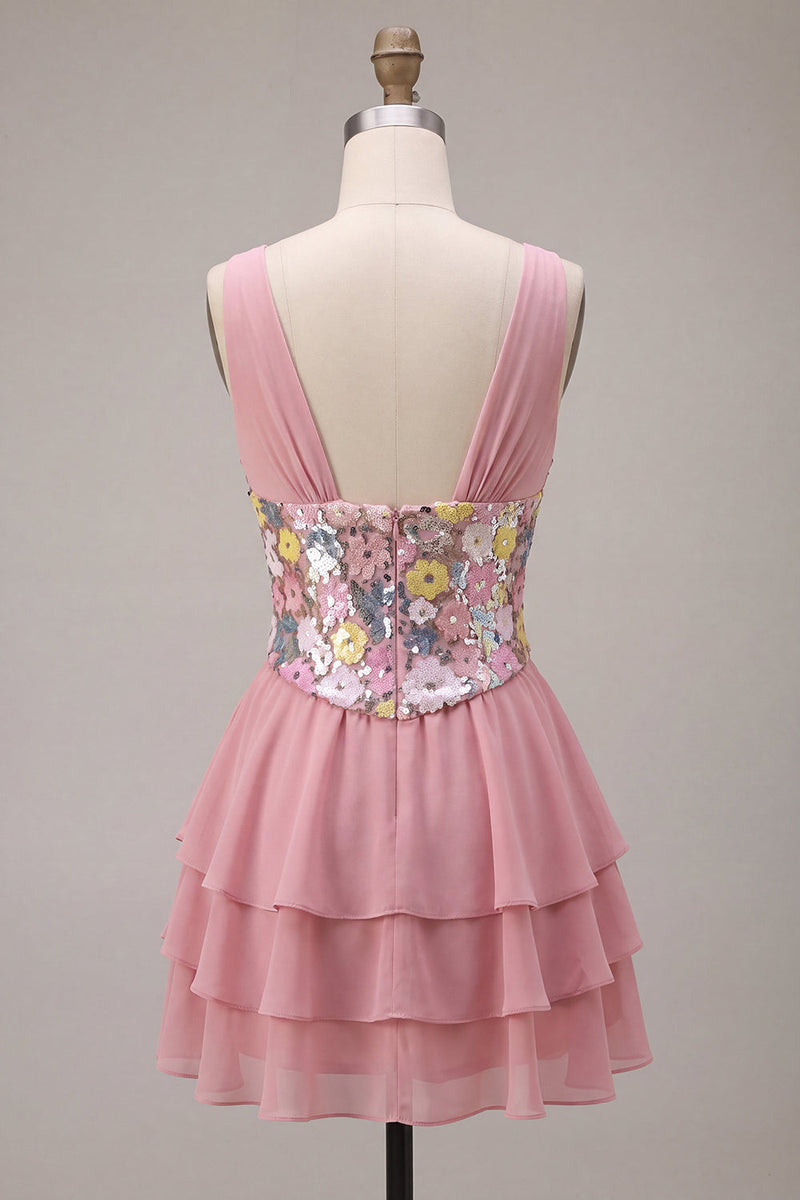 Load image into Gallery viewer, A Line Floral Pink Sparkly V Neck Sequins Ruffled Short Cocktail Dress