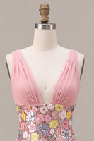 Load image into Gallery viewer, A Line Floral Pink Sparkly V Neck Sequins Ruffled Short Cocktail Dress