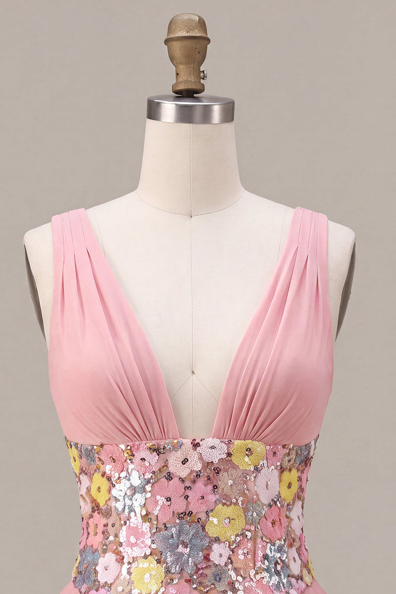 Load image into Gallery viewer, A Line Floral Pink Sparkly V Neck Sequins Ruffled Short Cocktail Dress