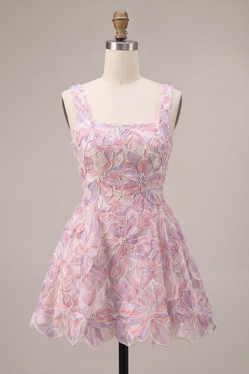 Load image into Gallery viewer, Lilac Floral Sparkly Beaded A Line Short Cocktail Dress