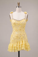 Load image into Gallery viewer, Sparkly Yellow Floral Beaded Ruffled Tight Short Cocktail Dress with Bows