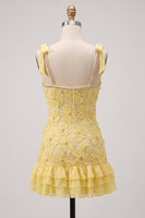 Load image into Gallery viewer, Sparkly Yellow Floral Beaded Ruffled Tight Short Cocktail Dress with Bows
