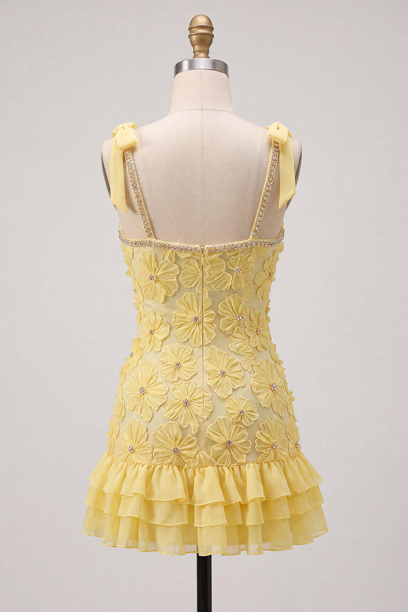 Load image into Gallery viewer, Sparkly Yellow Floral Beaded Ruffled Tight Short Cocktail Dress with Bows
