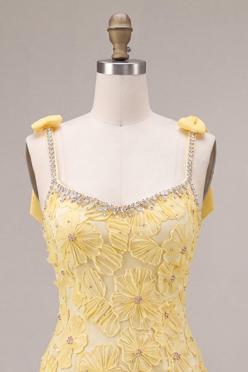 Load image into Gallery viewer, Sparkly Yellow Floral Beaded Ruffled Tight Short Cocktail Dress with Bows