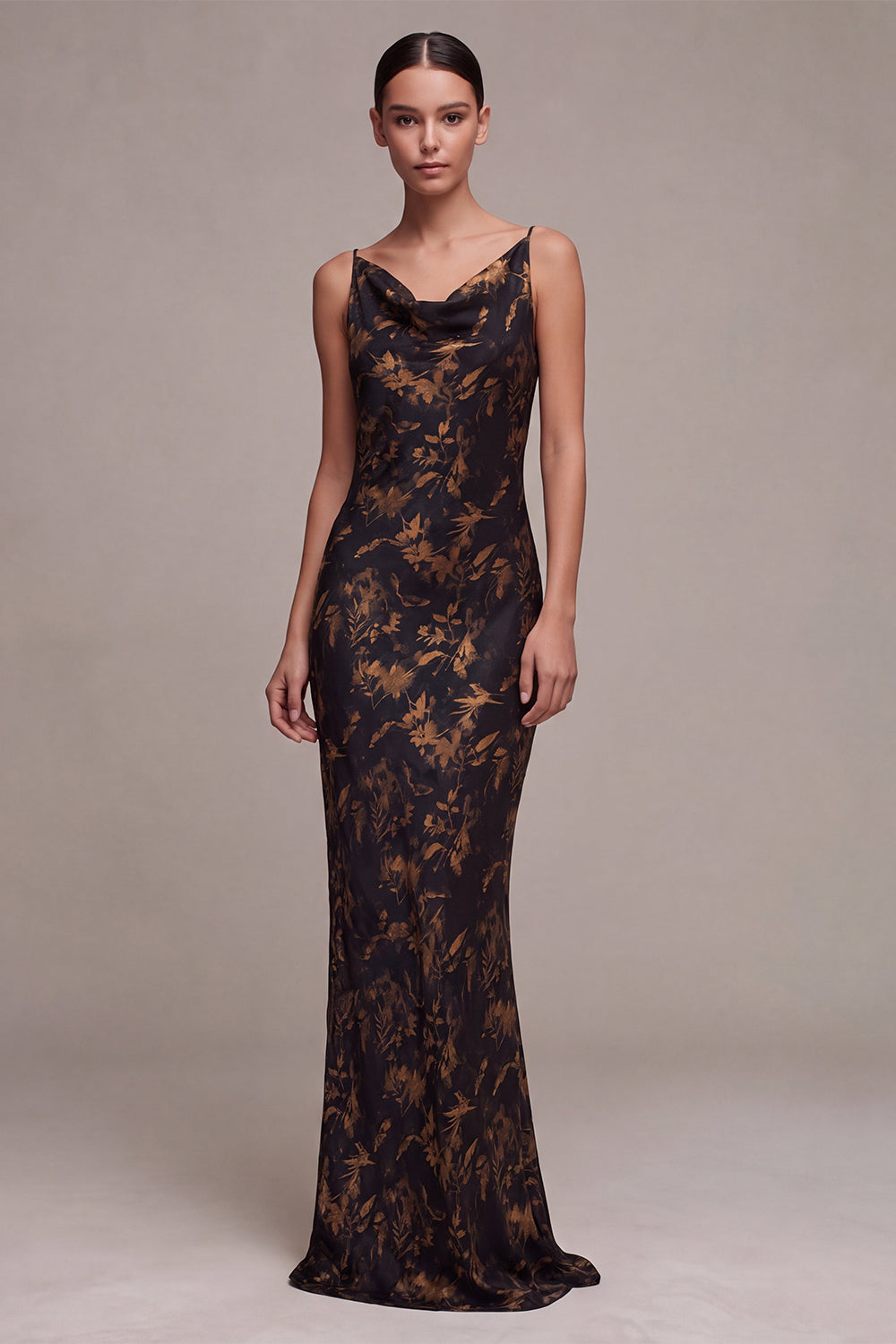 Black Floral Cowl Neck Spaghetti Straps Long Mermaid Formal Dress