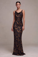 Load image into Gallery viewer, Black Floral Cowl Neck Spaghetti Straps Long Mermaid Formal Dress