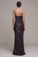 Load image into Gallery viewer, Black Floral Cowl Neck Spaghetti Straps Long Mermaid Formal Dress