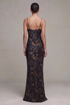 Black Floral Cowl Neck Spaghetti Straps Long Mermaid Formal Dress