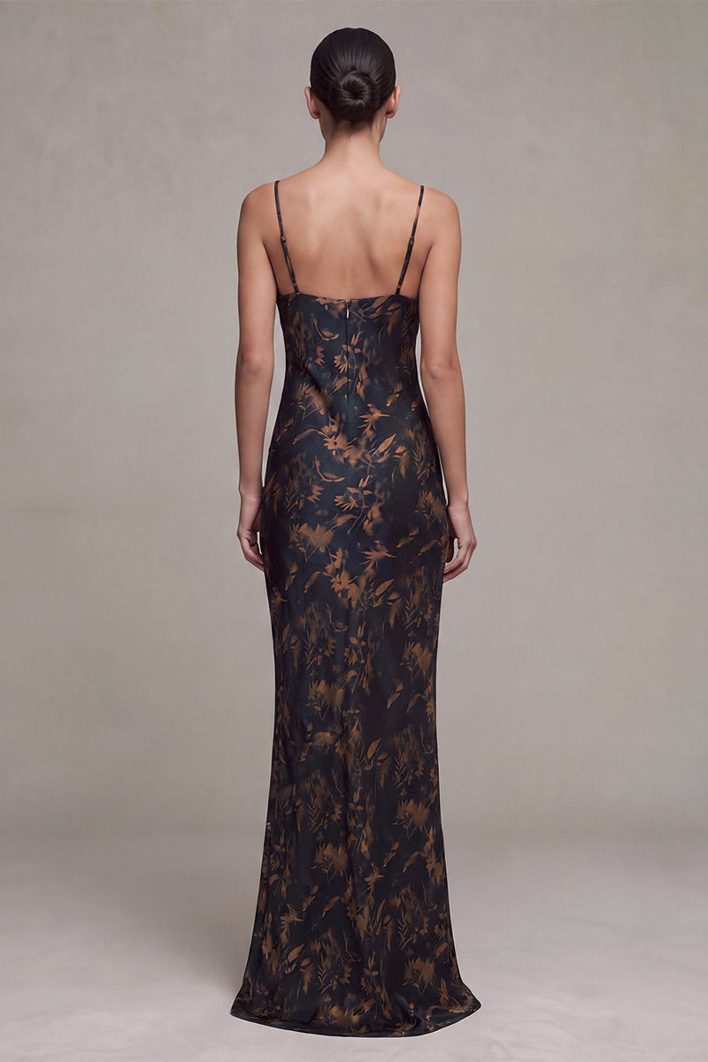 Load image into Gallery viewer, Black Floral Cowl Neck Spaghetti Straps Long Mermaid Formal Dress