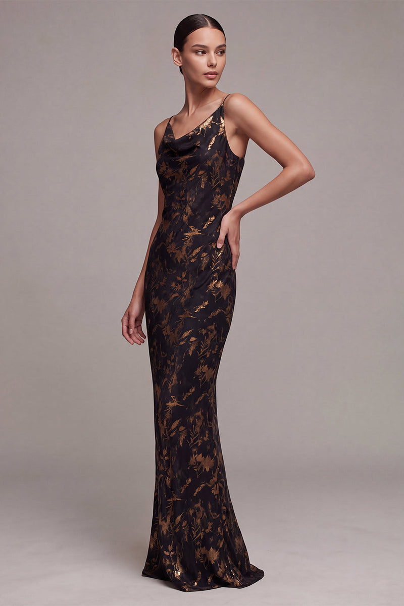 Load image into Gallery viewer, Black Floral Cowl Neck Spaghetti Straps Long Mermaid Formal Dress