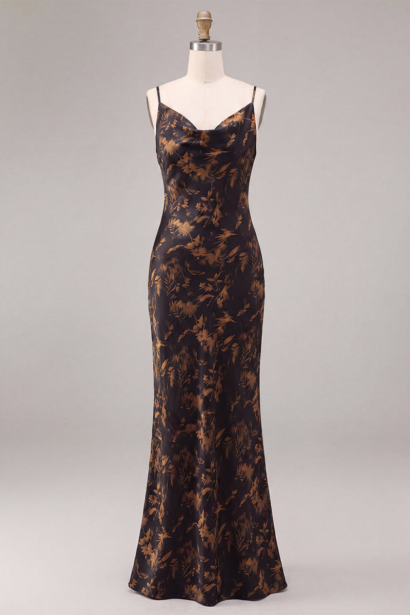Load image into Gallery viewer, Black Floral Cowl Neck Spaghetti Straps Long Mermaid Formal Dress