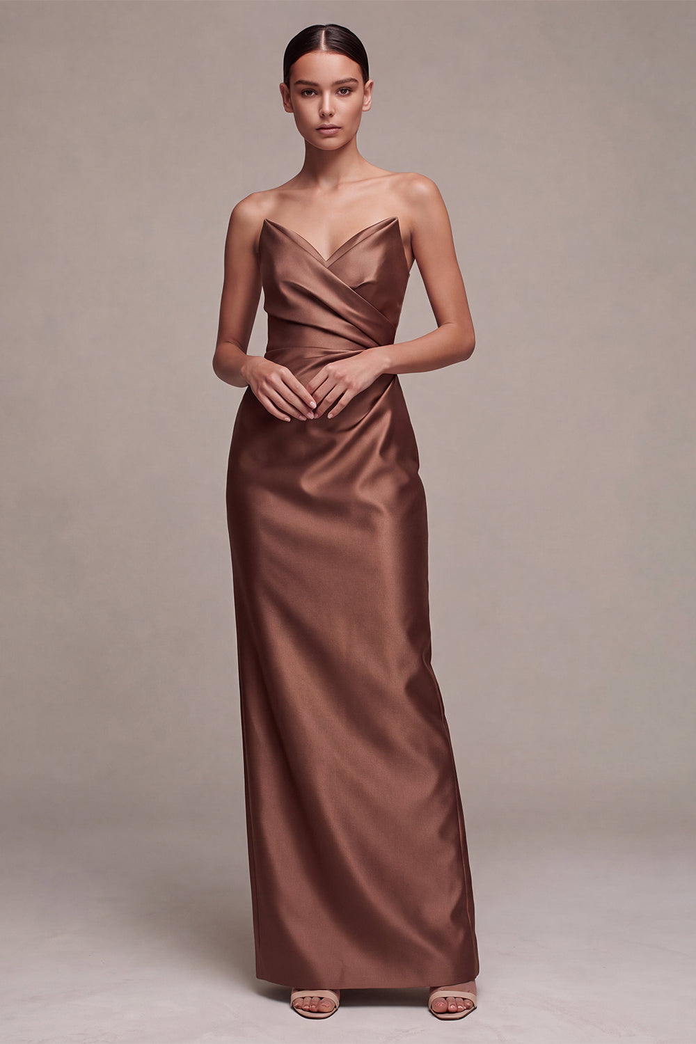 Simple Coffee  Satin Strapless Ruched Sheath Long Formal Dress