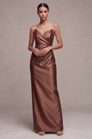 Load image into Gallery viewer, Simple Coffee  Satin Strapless Ruched Sheath Long Formal Dress